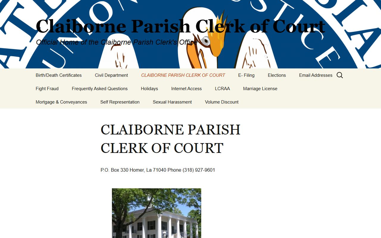 Claiborne Parish Clerk homepage showing Clerk Connect criminal records access