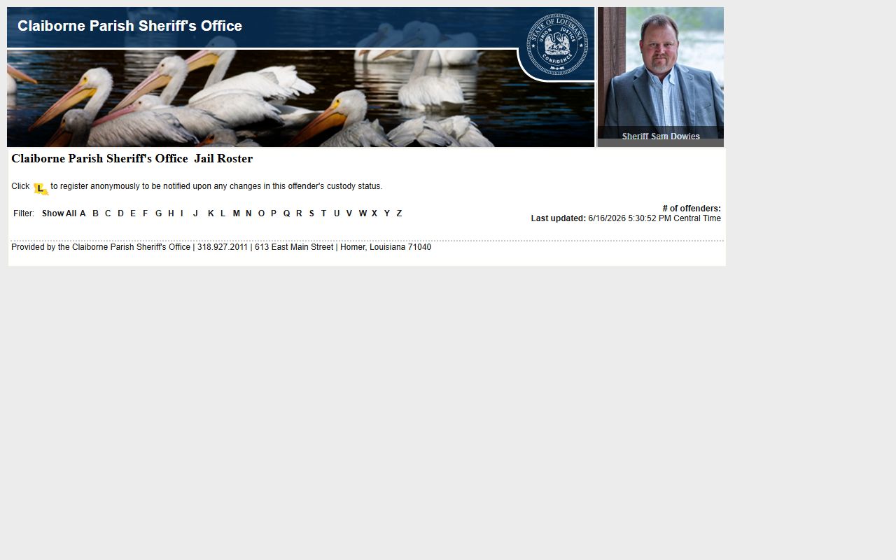Claiborne Parish jail roster search alphabet filters and disclaimer