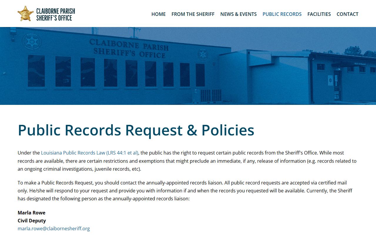 Claiborne Parish Sheriff's public records request page with certified mail and fee information